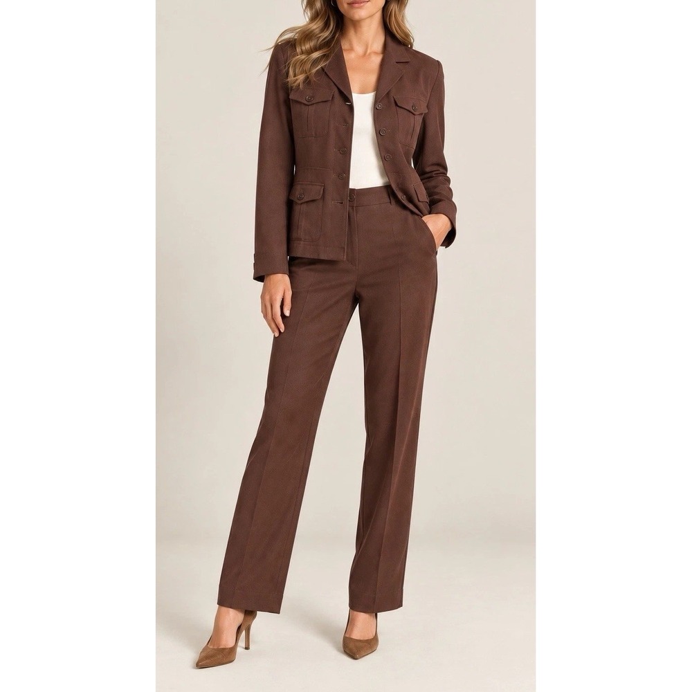 Lauren Ralph Lauren 100% Silk Pant Suit Brown Safari Jacket Pants Petite 8P